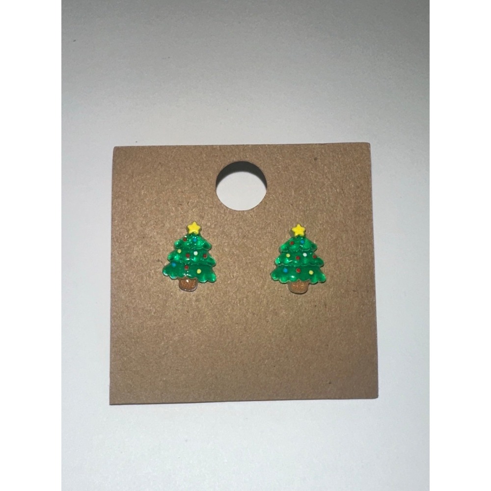 Tiny Christmas Tree Stud Earrings Holidays Festive December Pine Green